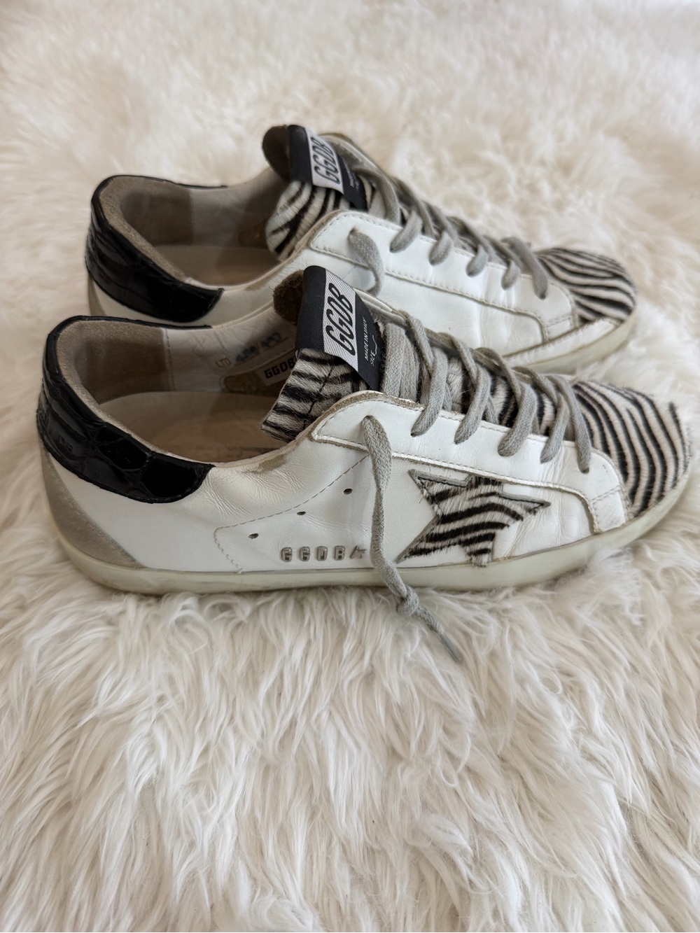 Golden Goose White Sneakers with Black Zebra Accents Size 38 US 8